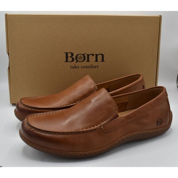 Born Mens Size 11 Caleb Medium Brown Full Grain Leather Slip On Loafers Shoes - Picture 1 of 12